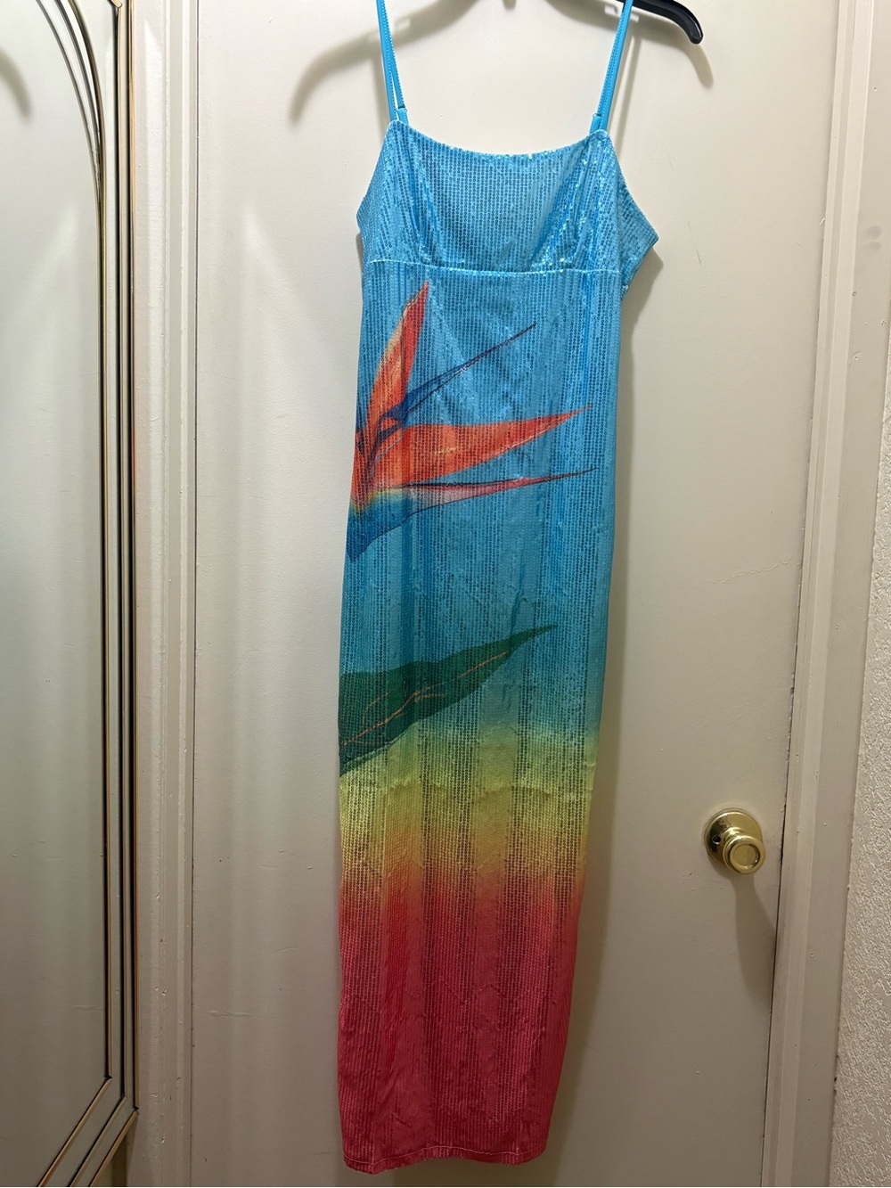 Blue Ombre Tropical Maxi Dress with Orange Accent